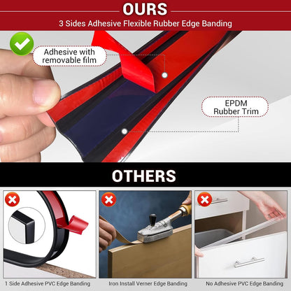 Slimline Cabinet Door Edge Protector, 3/4" Self Adhesive Peel and Stick Rubber Edge Guards, Flexible U Shaped Strips for Kitchen & Garbage Drawer Fronts, Edge Trims for Desks and Shelfves, Black, 10Ft