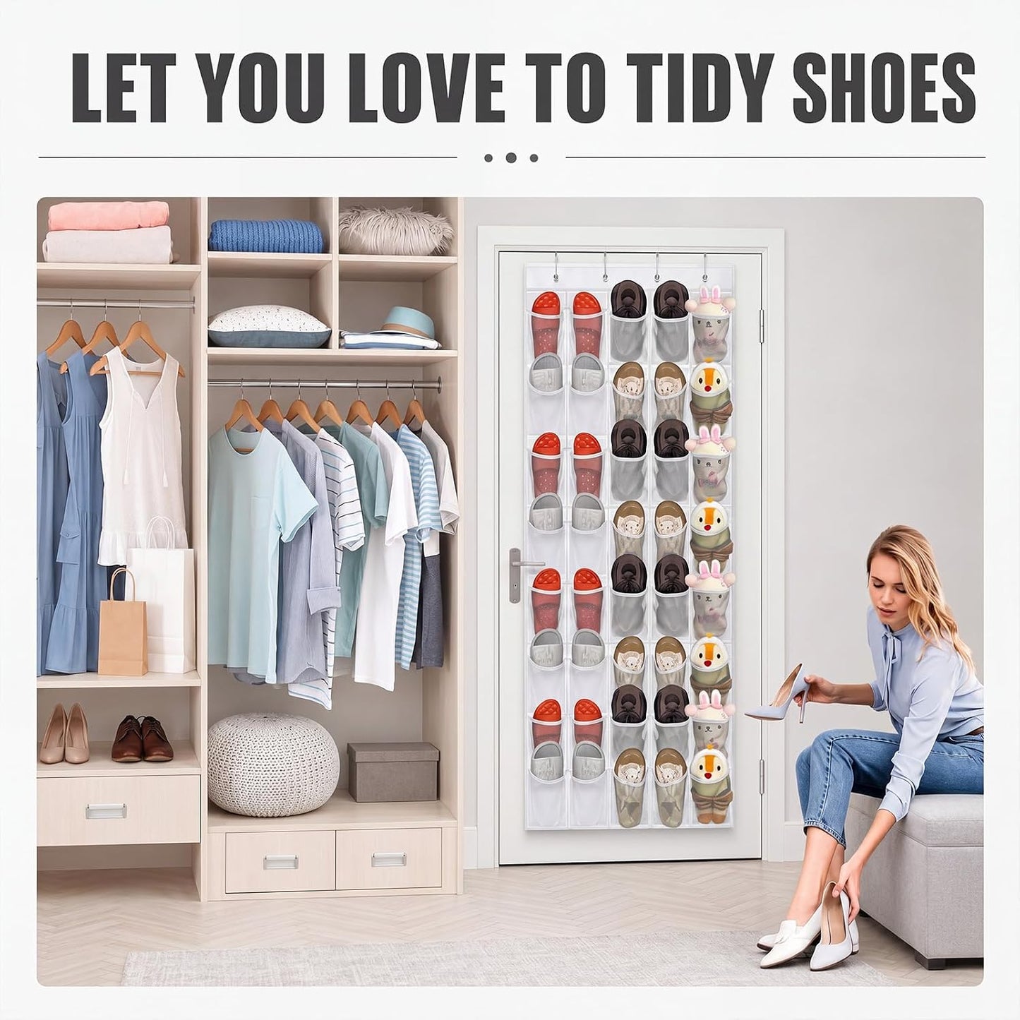 Windyun 40 Over The Door Shoe Organizer, Large Mesh Pocket Hanging Shoe Rack Hanger Large Capacity Gray Behind The Door Storage Holder for Dorm College Closet Entryway Bedroom Utility Room Women Men