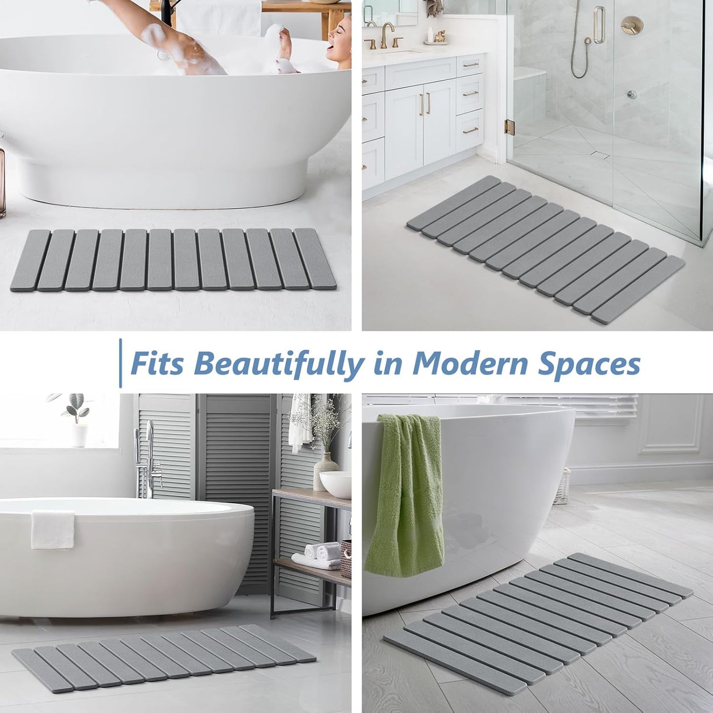 AWW Foldable Stone Bath Mat, Quick Dry Diatomaceous Earth Bath Mat with Non-Slip Mat, Super Absorbent, Easy to Clean, Compact for Small Bathrooms, 23.6 x 15.5, Grey