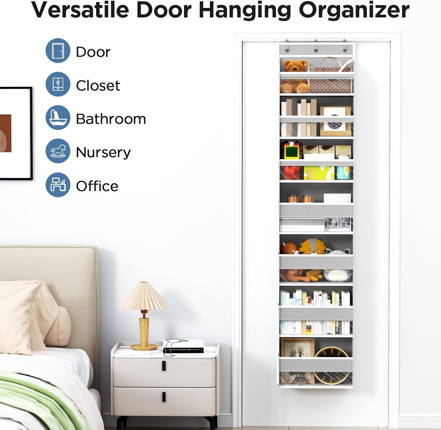 6 Tiers Over The Door Organizer, Heavy Duty Hanging Organizer Storage with Large Capacity Pockets, Behind Door Storage Hanging Shelves for Closet Wall Bathroom Bedroom Nursery Pantry, 1 Pack Grey