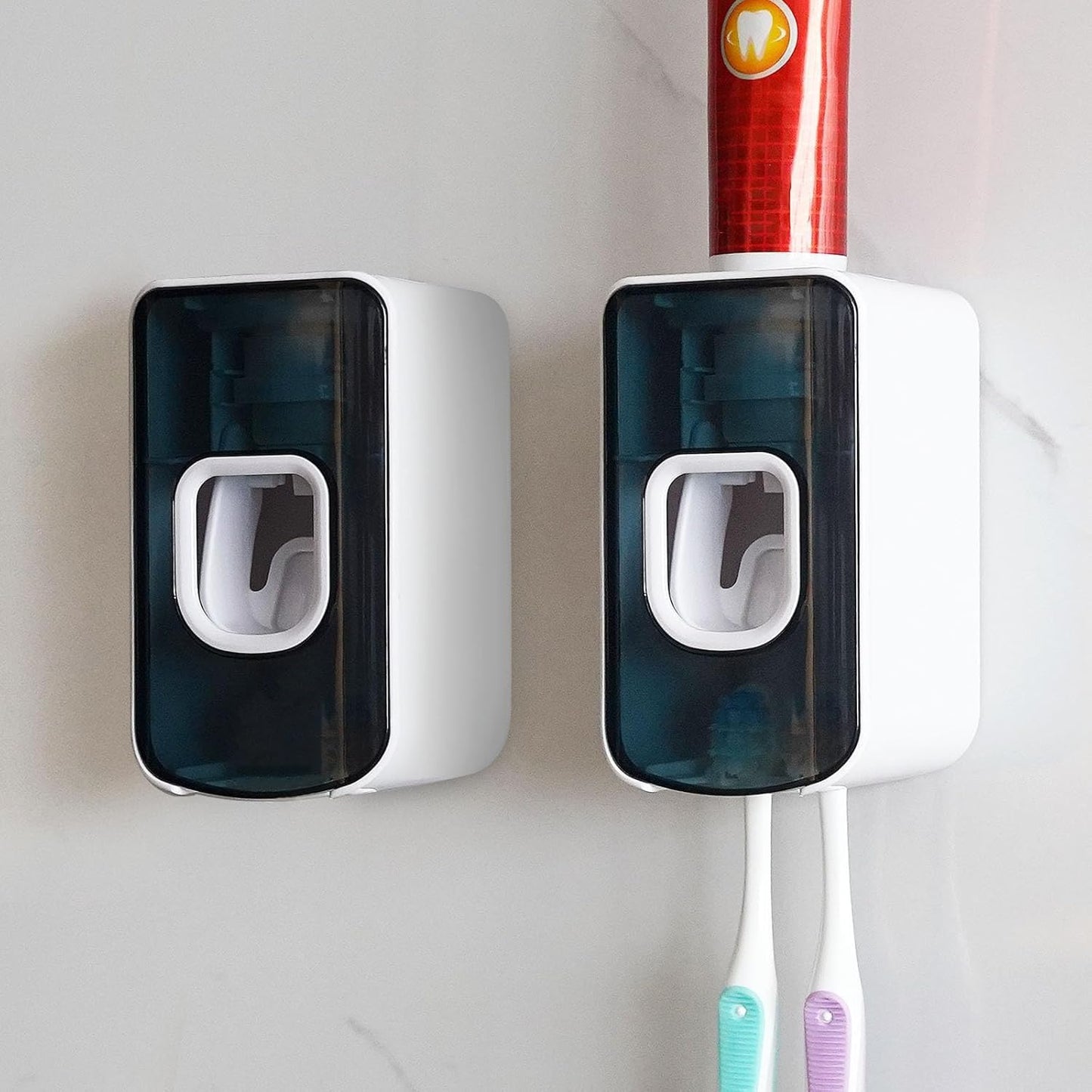 2 Slot Toothbrush Holder and Toothpaste Dispenser Wall Mounted, Automatic Toothpaste Squeezer, 2 in 1 Tooth Brush Toothpaste Organizer for Shower (Grey)