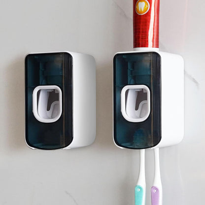 2 Slot Toothbrush Holder and Toothpaste Dispenser Wall Mounted, Automatic Toothpaste Squeezer, 2 in 1 Tooth Brush Toothpaste Organizer for Shower (Grey)