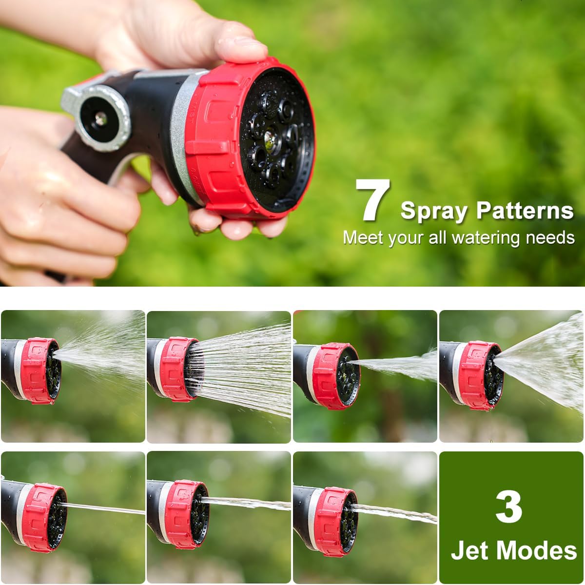 FANHAO Professional Garden Hose Nozzle Heavy Duty Metal, Thumb Control Spray Nozzle with 7 Patterns, High Pressure Water Nozzle with 3 Adjustable Jet Modes for Car Wash, Watering Lawn and Pets