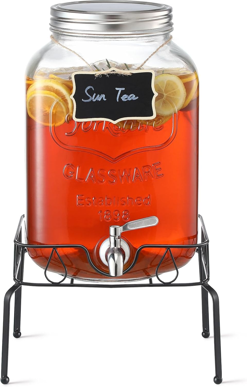 2 Gallon Glass Beverage Dispenser, 18/8 Stainless Steel Spigot and Lid - Glass Drink Dispensers for Parties - Mason Jar Drink Dispensers with Lids - Laundry Detergent Holder