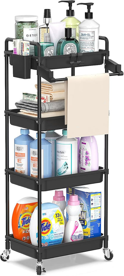 SPACEKEEPER Rolling Storage Cart, 4-Tier Bathroom Organizer Utility Cart Laundry Room Organization Mobile Shelving Unit with Towel Rack, Lockable Wheel, Hooks & Cup for Kitchen Bedroom Office, White