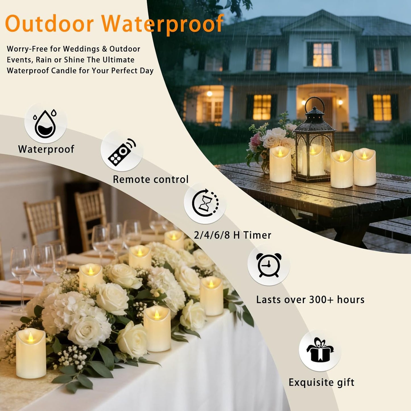 Outdoor Indoor Flameless Candles, Patented 3D Dual-LED, Set of 6 Slanted Top Durable Plastic Pillars with 2 Remotes & Timer, Non-Melting Waterproof Battery Candles for Patio Garden (Ivory)