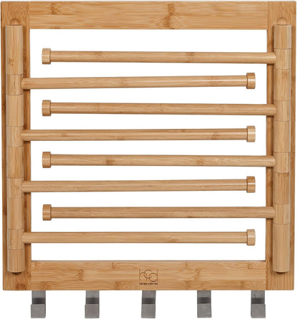 Honey-Can-Do Bamboo Wall-Mount Swivel-Arm Drying Rack, 80 lb, Natural | Wall-mount bamboo rack with 8 swivel arms holds 80 lb; folds to 1.7 in deep. Ships assembled with 5 steel hooks.