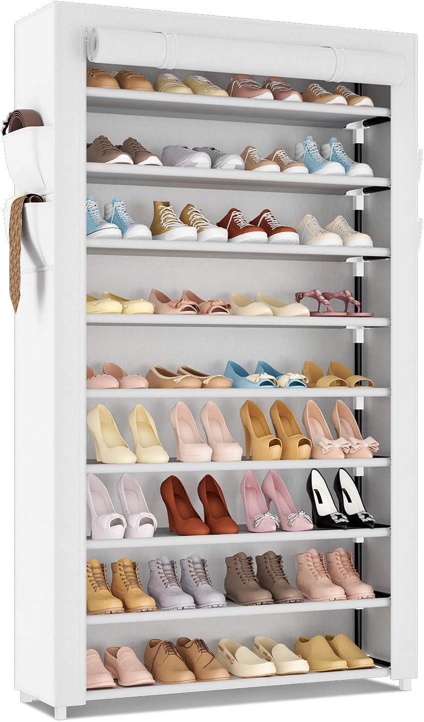 LANTEFUL Shoe Rack with Covers - 10 Tiers Tall Shoe Rack Organizer Large Capacity Shoe Shelf Storage 40 Pairs Space Saving Vertical Shoe Storage Organizer for Closet, Entryway, Dorm, Bedroom
