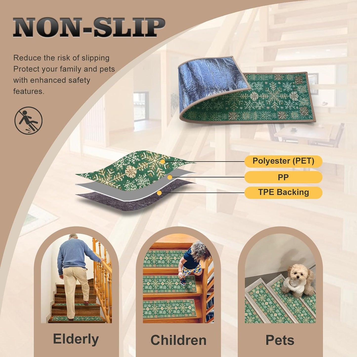 Non Slip Stair Treads for Wooden Steps, 15 Pack 8"x30" Washable Carpet | 8x30 in soft chenille polyester stair treads with reusable TPE backing for indoor wood stairs, dogs, kids, and seniors