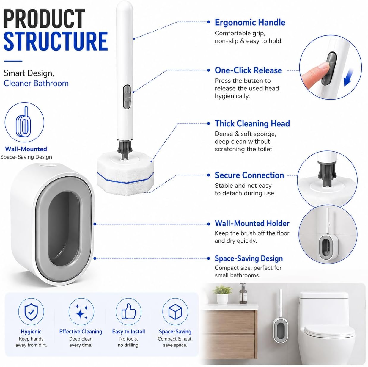 Disposable Toilet Bowl Brush and Holder Set – 40 Refills Included, No-Touch Toilet Wand Cleaning System, Toilet Brush & Holder for Bathroom, Hygienic Toilet Bowl Cleaner Starter Kit