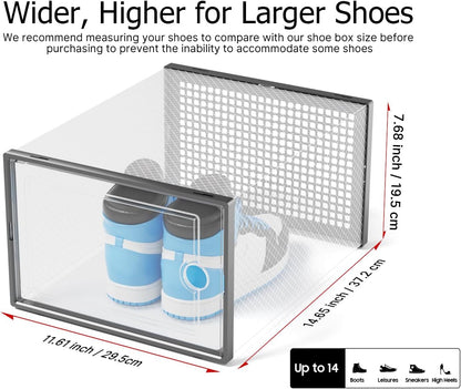 Kuject X-Large Shoe Storage Boxes Organizers for Closet 12 Pack, Fit Size 11,Clear Plastic Stackable Sneaker Containers for Entryway, Space Saving Shoe Rack, Brown