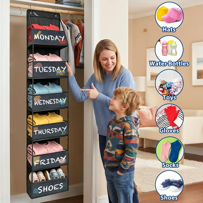 2 Pack Weekly Clothes Organizer for Kids, 6 Shelf Hanging Closet Organizer with Clear Window, Foldable Days of the Week Over the Door Outfit Organizer with Labels for Closet School