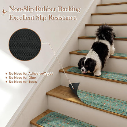 OJIA Floral Stair Treads Non-Slip Carpet Stair Treads for Wooden Steps Indoor 15PCS 30"x8" Stair Runner Stair Mats Staircase Step Treads for Kids, Elders and Dogs, Stair Covers, Black