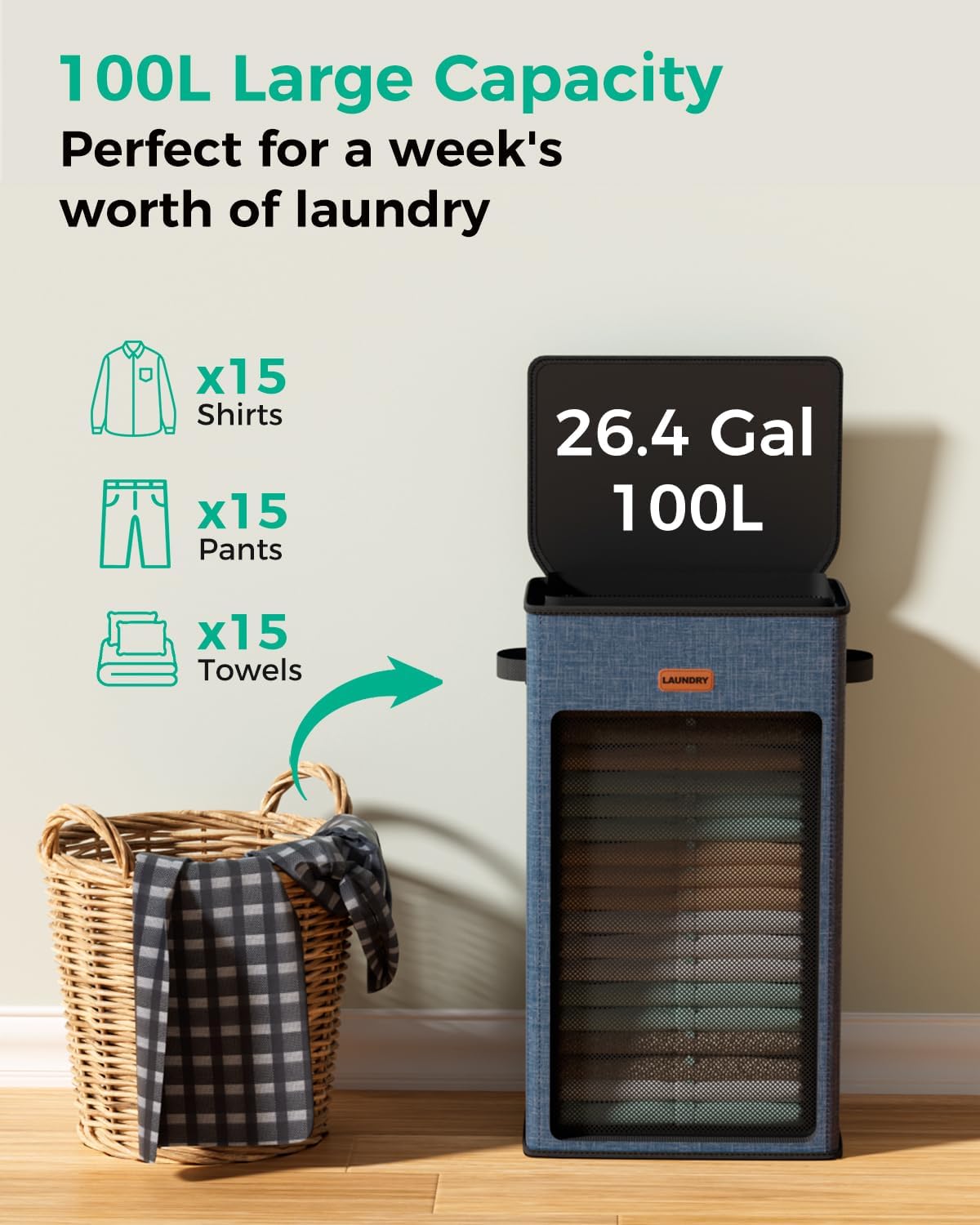 150L 2-Section Laundry Hamper with Lid – Removable Bag, Double Compartment Clothes Hamper for Bathroom, Bedroom, Dorm & Laundry Room