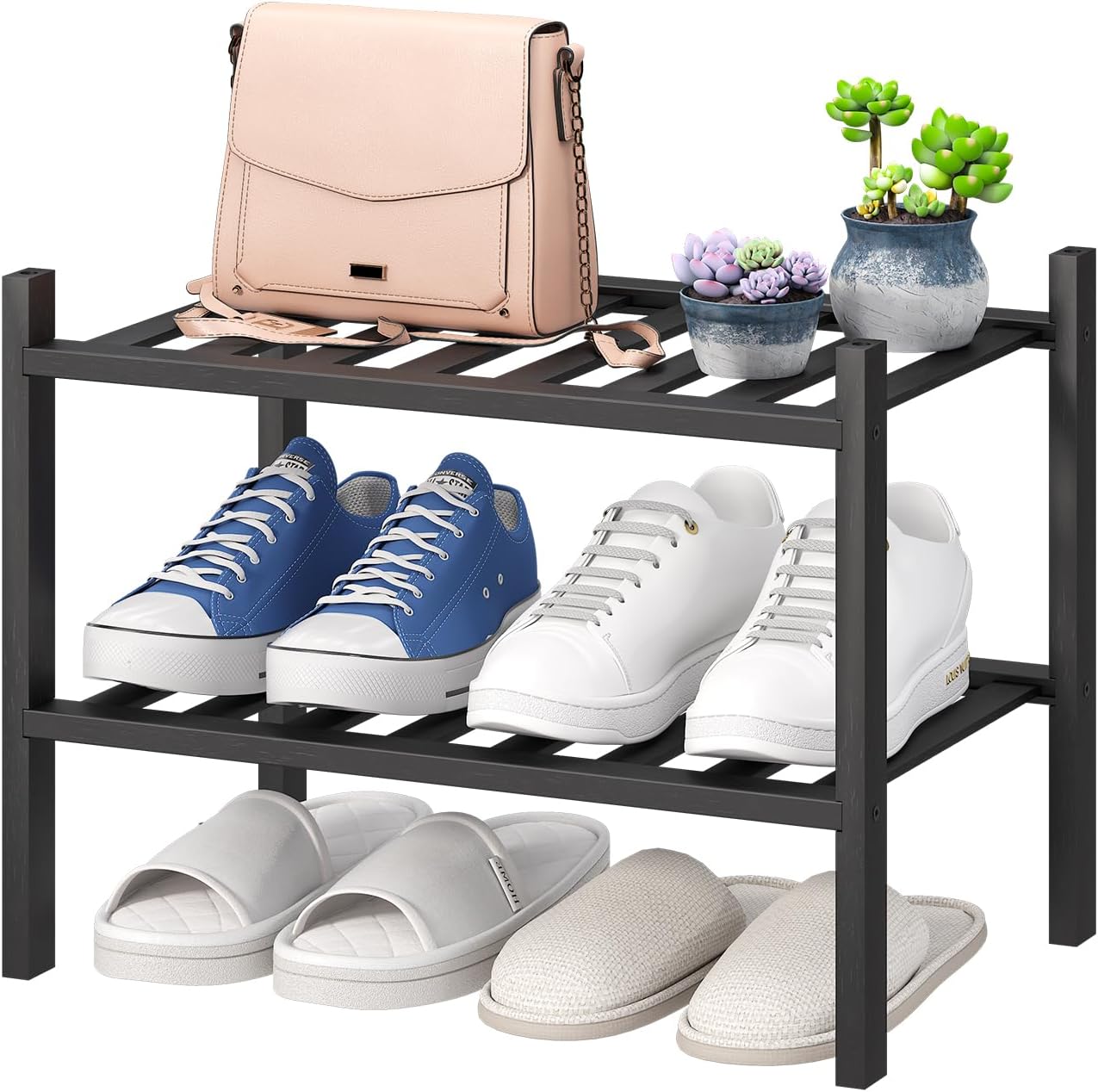 viewcare 3-Tier Black Bamboo Shoe Rack for Entryway, Stackable | Foldable | Natural, Shoe Shelf Storage Organizer for Hallway Closet, Free Standing Shoe Racks for Indoor Outdoor
