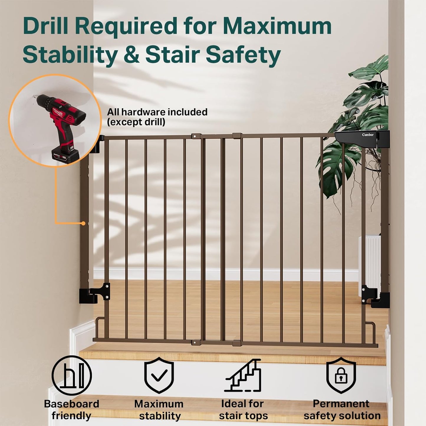 Cumbor 29.2–43" Baby Gate for Stairs, Hardware Mounted (Drill Required), Expandable No Bottom Bar Dog Gate, Auto Close Extra Wide Walk Thru, Pet & Toddler Proof Gate, Top & Bottom of Stairways (White)