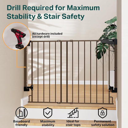 Cumbor 29.2–43" Baby Gate for Stairs, Hardware Mounted (Drill Required), Expandable No Bottom Bar Dog Gate, Auto Close Extra Wide Walk Thru, Pet & Toddler Proof Gate, Top & Bottom of Stairways (White)
