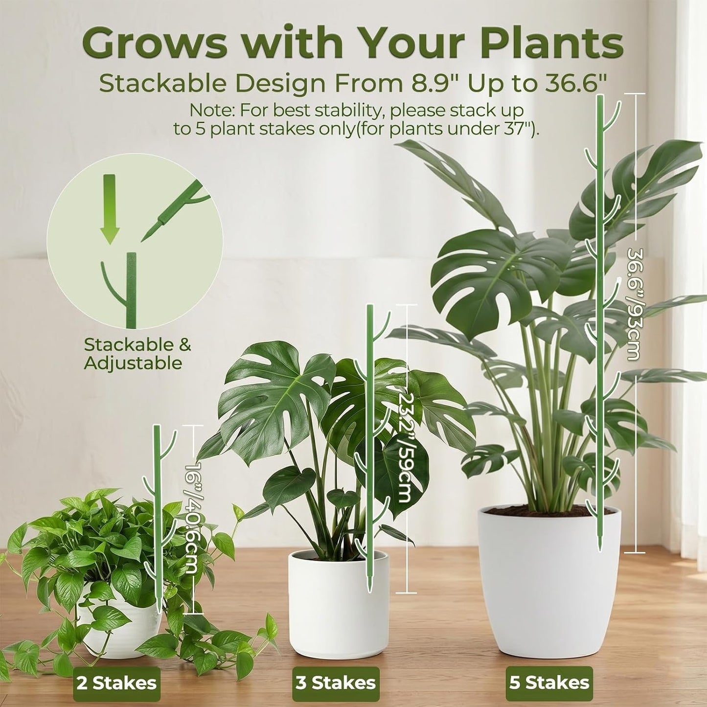 10-Piece Thick Plant Support Stakes: Stackable for Monstera Climbing Vines | 36.6" heavy-duty modular poles - 0.47" thick stops vine leaning - Rot-proof plastic blends invisibly - Includes tape