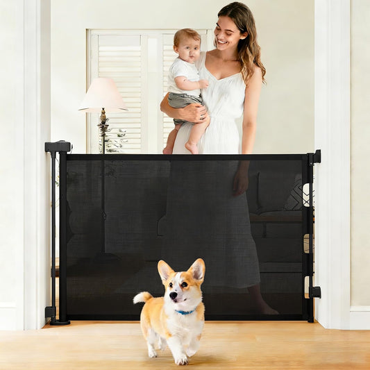 Retractable Baby Gate, 55 in Wide x 33 in Tall Mesh Dog Gate, Hardware Mounted Safety Gate with Double Lock for Doorways, Hallways, Indoor Outdoor, White
