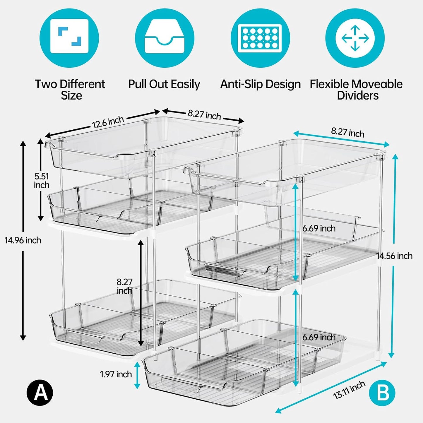 Delamu 2 Sets of 3-Tier Bathroom Under Sink Organizers and Storage, Multi-Purpose Stackable Pantry Organization and Storage, Pull Out Clear Kitchen Bathroom Cabinet Organizer with Movable Dividers | Storage