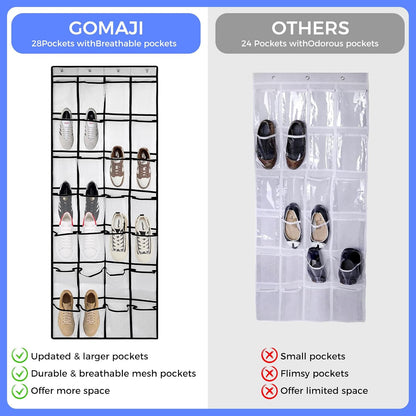 GOMAJI 28 Large Pockets Over the Door Shoe Organizer with 4 Hooks for Different Widths Doors, Hanging Shoe Rack Holder for Closet Men Sneakers, Women High Heels