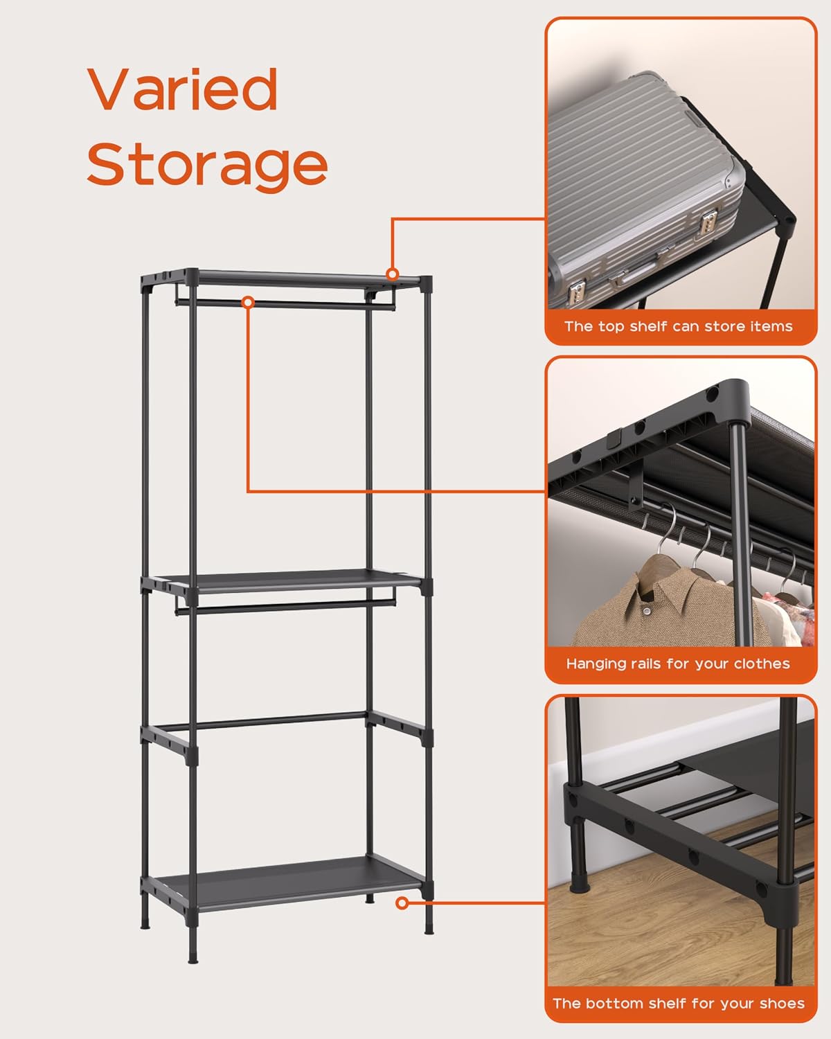CASAMAYA Clothes Rack, Portable Closet, 80.7 Inch Extra Large Capacity Wardrobe Closet, Clothes Storage Organizer with Shelves and 5 Hanging Rods, Easy to Assembly, Black PCT036B01