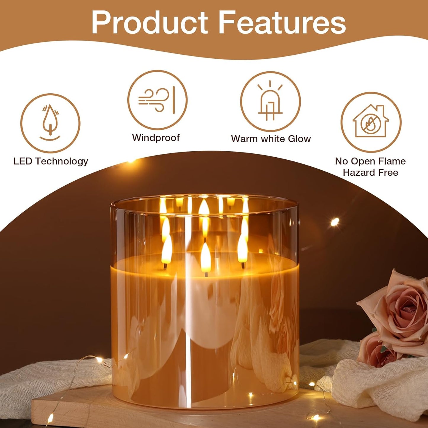 Eywamage 3 Wick Smoke Grey Glass Flameless LED Candle with Remote, Flickering Large Battery Pillar Candle Decor Φ 6" H 6"