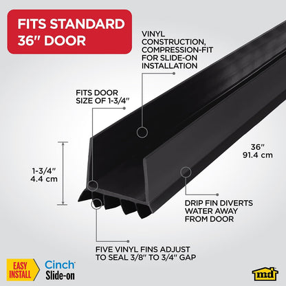 M-D Building Products Vinyl Cinch U-Shape Door Bottom Seal, Slide-On Weatherstripping Draft Stopper, Easy to Install, Fits 36” x 1-3/4” Doors, Fills 3/8”- 3/4” Gaps, 43337, Brown