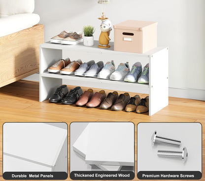 White Shoe Rack Organizer for Closet, 2-Tier Expandable Shoe Shelf, Stackable Iron Wood Combination Small Shoe Racks Shelves for Closets, Entryway,Small Space,Hallway,Bedroom,Bathroom,6-12 Pairs