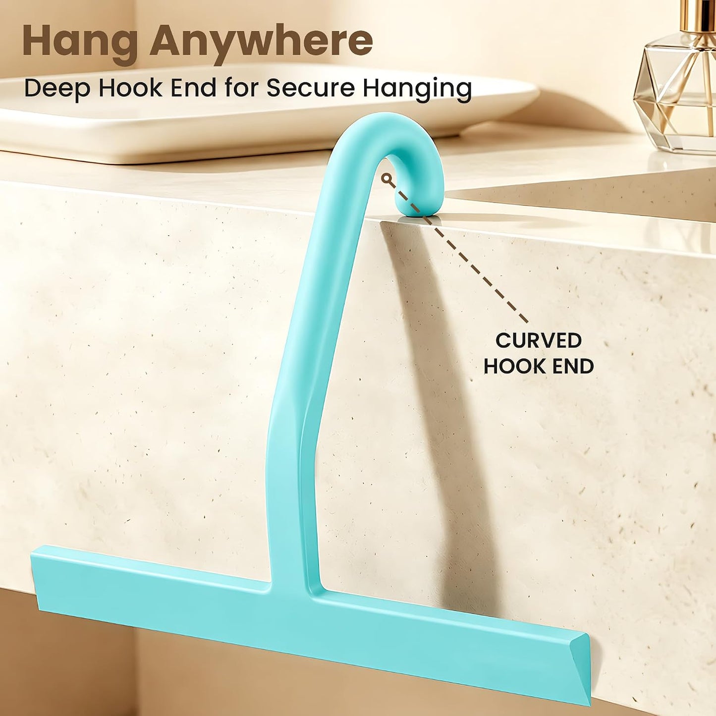 Shower Squeegee for Glass Doors - 10 Inch Bathroom Squeegee with Ergonomic Round Grip, Built-in Hook, Streak-Free No-Squeak Silicone Blade for Shower Glass, Tile Walls, Mirrors & Windows, Black