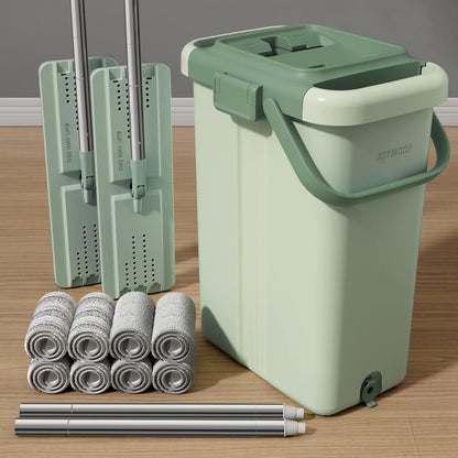 JOYMOOP Mop and Bucket Set, Flat Mops for Floor & Wall Cleaning, Commercial & Household Use, Hardwood Floor Mop with Long Handle & 4 Microfiber Pads