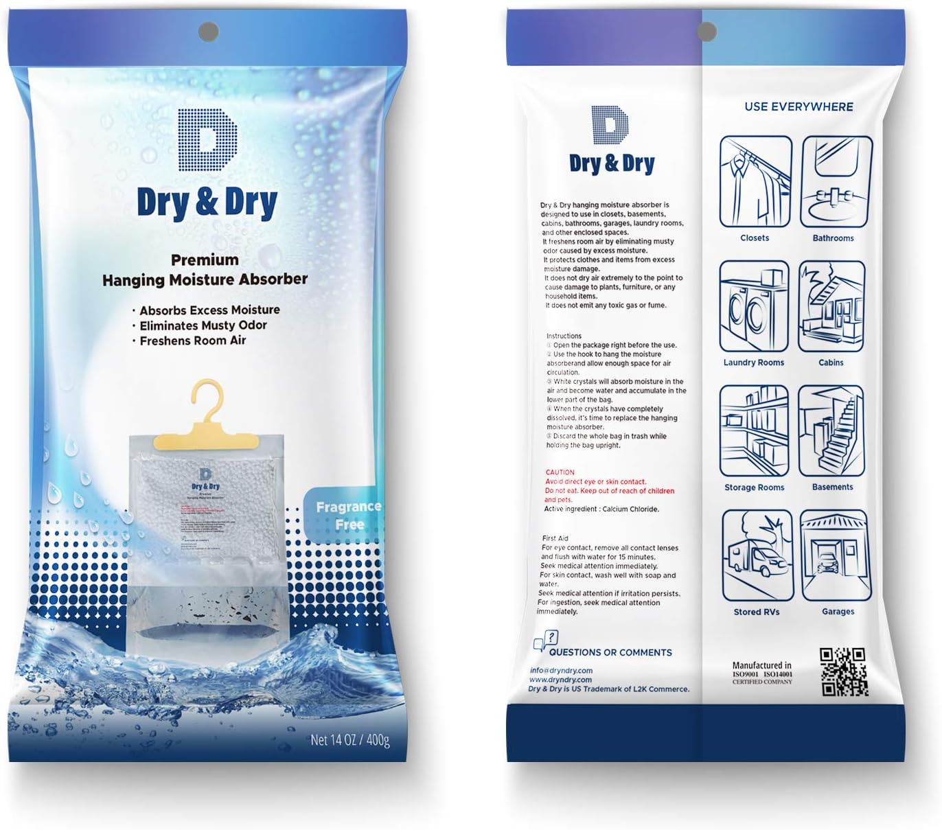 Dry & Dry 2 Packs [Net 14 Oz/Pack] Premium Hanging Moisture Absorber to Control Excess Moisture for Basements, Closets, Bathrooms, Laundry Rooms. - Ultra Strong Moisture Absorber