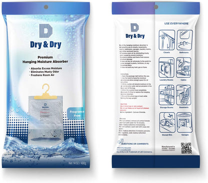 Dry & Dry 2 Packs [Net 14 Oz/Pack] Premium Hanging Moisture Absorber to Control Excess Moisture for Basements, Closets, Bathrooms, Laundry Rooms. - Ultra Strong Moisture Absorber