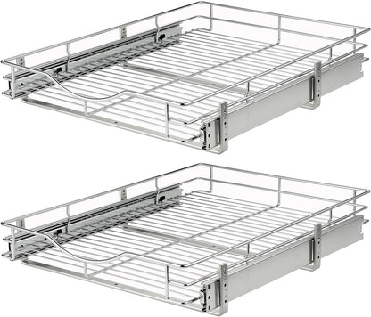 DINDON Pull Out Cabinet Organizer, (17" W x 21" D) Heavy-Duty Metal Sliding Drawer Shelf, Bathroom Under Sink Kitchen Cabinets Organizer and Storage Slide Out Shelves, Chrome, 1 Tier, 2 Pack