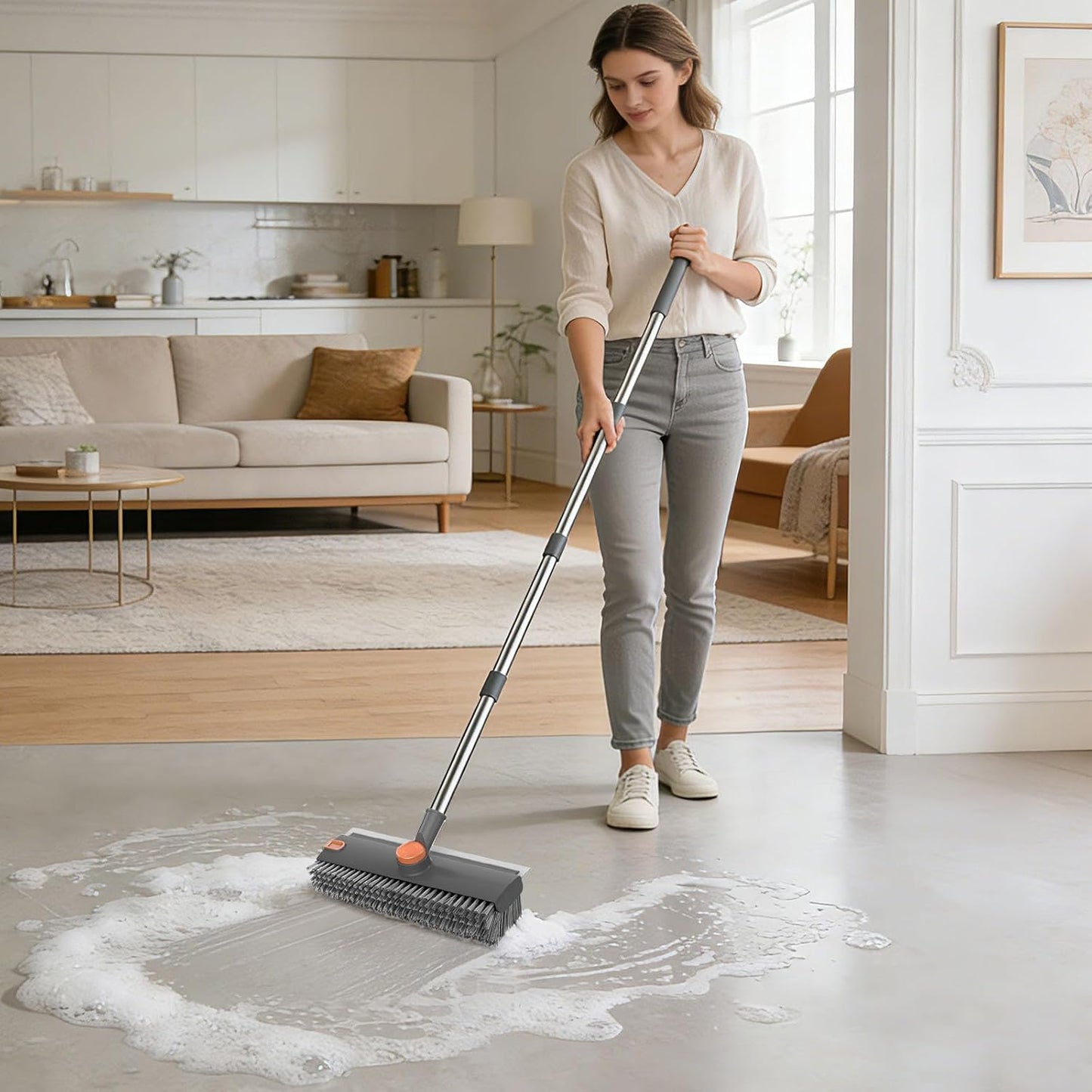 SetSail Floor Scrub Brush, 3 in 1 Floor Scrub Brush with 54-in Adjustable Long Handle and Scraper Heavy Duty Stiff Bristle Floor Scrubber for Cleaning Shower Bathroom Kitchen Patio Garage, Grey&White