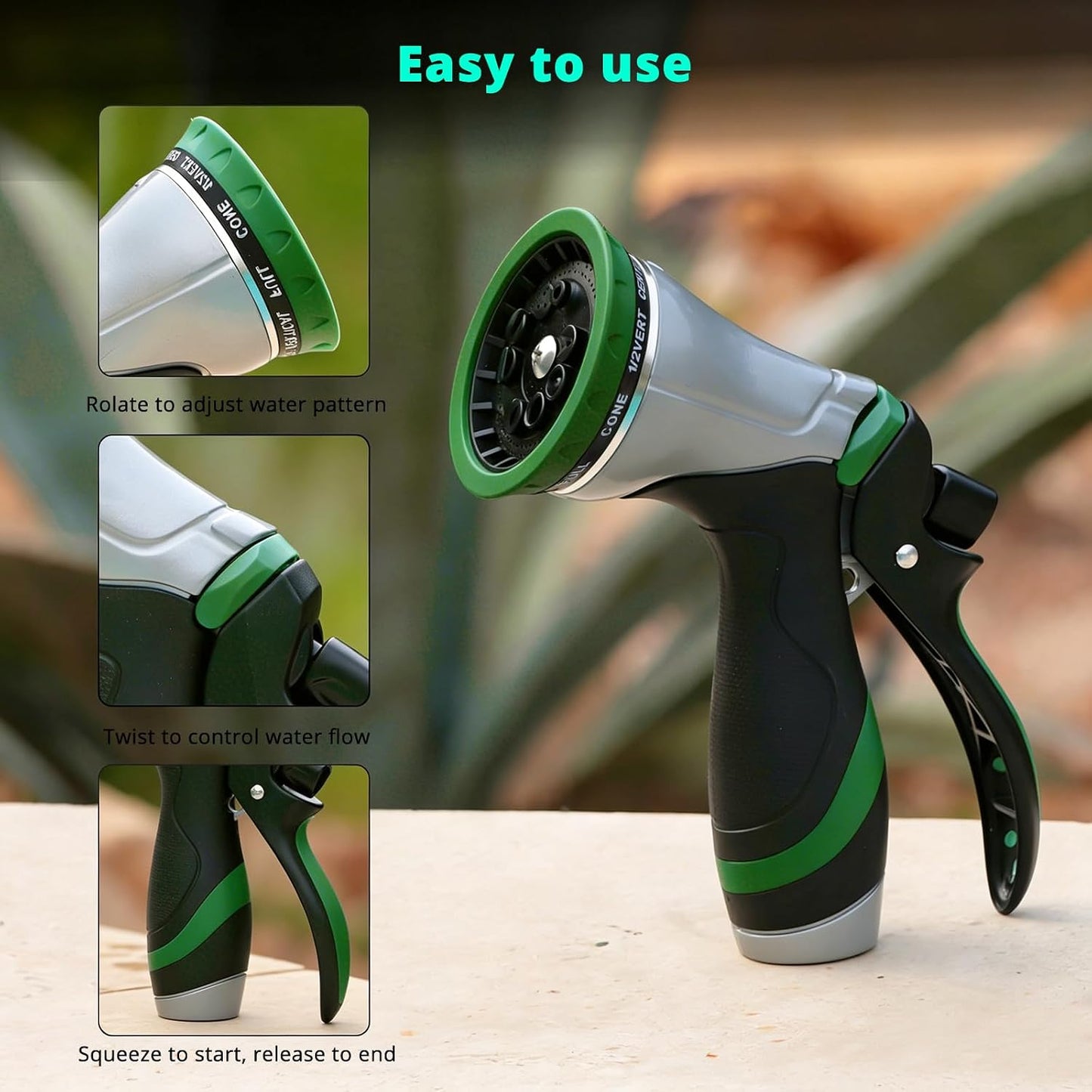 QUOBAS Metal Garden Hose Nozzle, Heavy Duty Water Hose Sprayer, Leak Proof | 10 Pattern Water Nozzle with Rubber Gasket, Garden Sprayer for Watering Plants, Washing Cars, Pet Shower, Blue