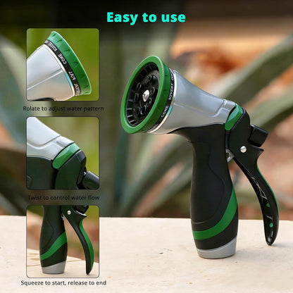 QUOBAS Metal Garden Hose Nozzle, Heavy Duty Water Hose Sprayer, Leak Proof | 10 Pattern Water Nozzle with Rubber Gasket, Garden Sprayer for Watering Plants, Washing Cars, Pet Shower, Blue