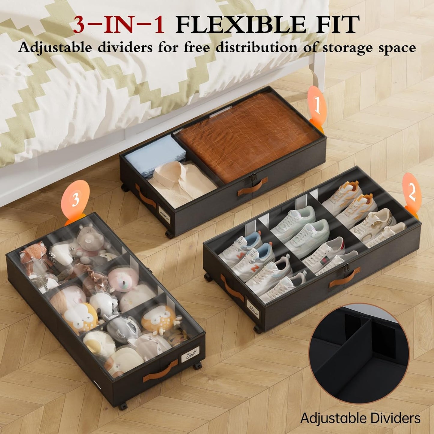 Yecaye Under Bed Storage with Wheels, 2 Pack Under Bed Storage Containers with Adjustable Dividers & Clear Lid, Rolling Underbed Organizer Bins Drawer for Clothes, Shoes, Blankets(30.3 x 16 x 6.7in)
