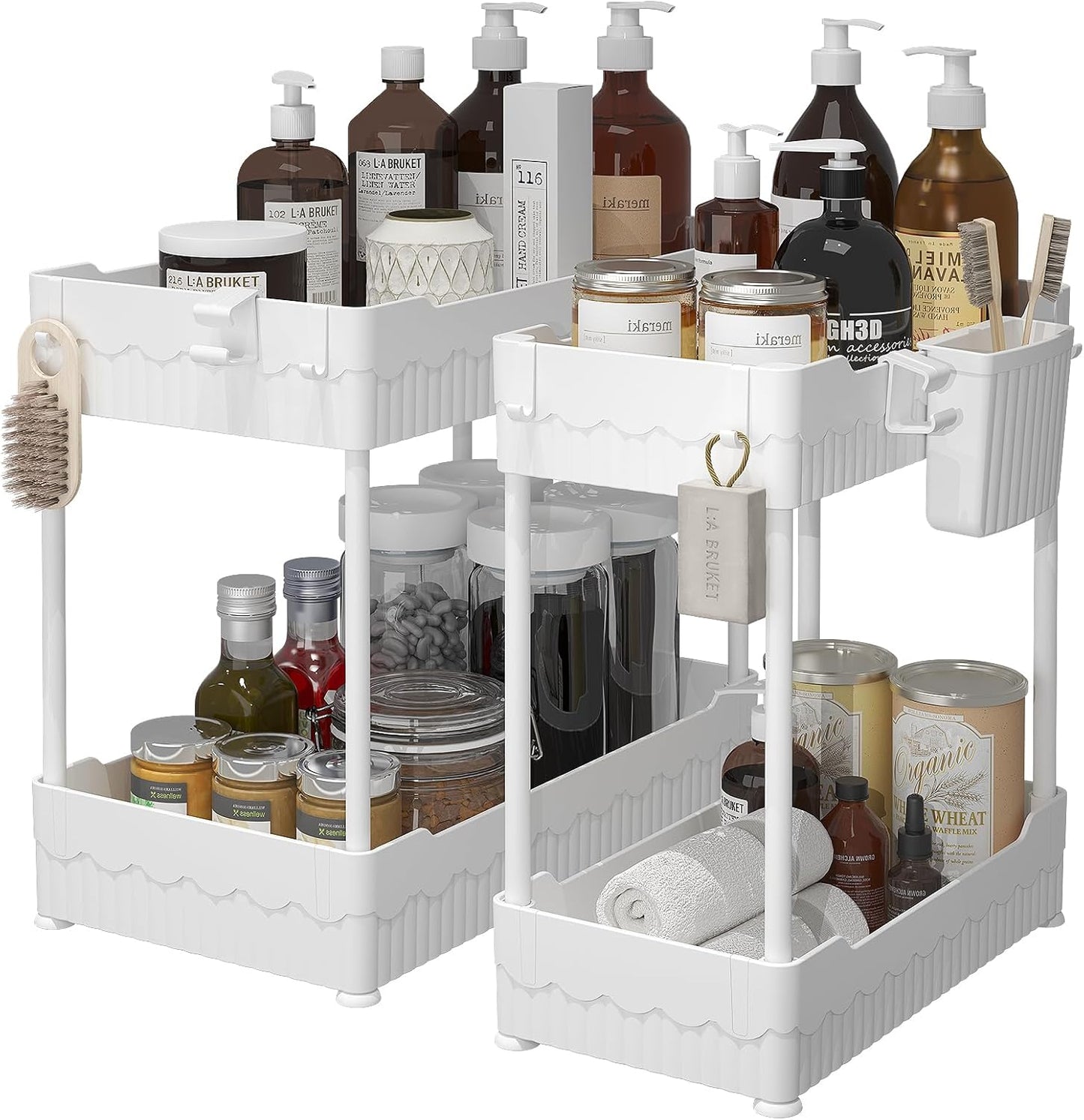 Sevenblue 2 Pack Under Sink Organizer, Under Bathroom Cabinet Organizer with Hooks Hanging Cup, Multi-Purpose Storage Shelf for Kitchen Bathroom, Black