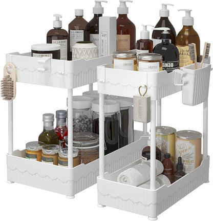Sevenblue 2 Pack Under Sink Organizer, Under Bathroom Cabinet Organizer with Hooks Hanging Cup, Multi-Purpose Storage Shelf for Kitchen Bathroom, Black