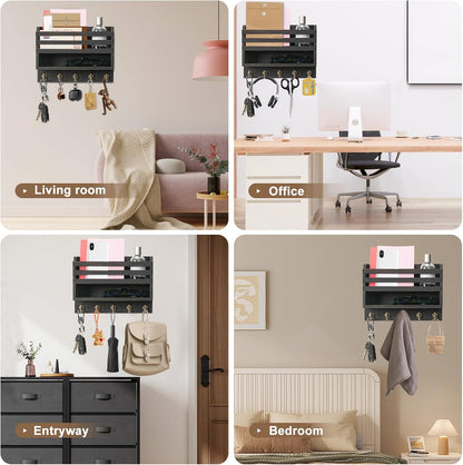 Mail and Key Organizer for Wall – Key Holder Wall Mount with Storage Box and 5 Key Hooks, Mail Holder Wall Mounted for Entryway, Apartment, Office, Home Decor Organization (Brown)