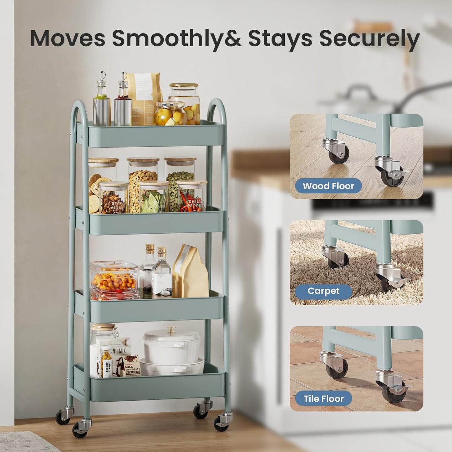 DUMOS 3 Tiers Rolling Cart, Utility Cart, Metal, White | Mobile Storage, Lockable Wheels, Utility Shelving Unit, Kitchen, Bathroom, Laundry, Narrow Places