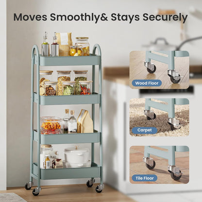 DUMOS 3 Tiers Rolling Cart, Utility Cart, Metal, White | Mobile Storage, Lockable Wheels, Utility Shelving Unit, Kitchen, Bathroom, Laundry, Narrow Places