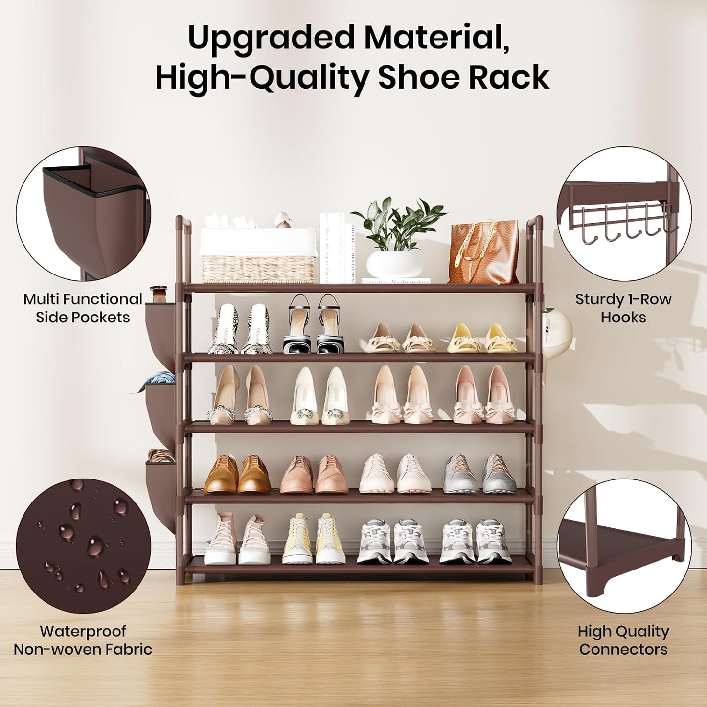 VILICK 5 Tier Shoe Rack with Hook and Side Pocket,Shoe Organizer Space Saver Storage for 20-25 Pair Shoe Storage Shelf Sturdy Free Standing Long Shoe Rack Organizer for Closet,Entryway,Small Spaces