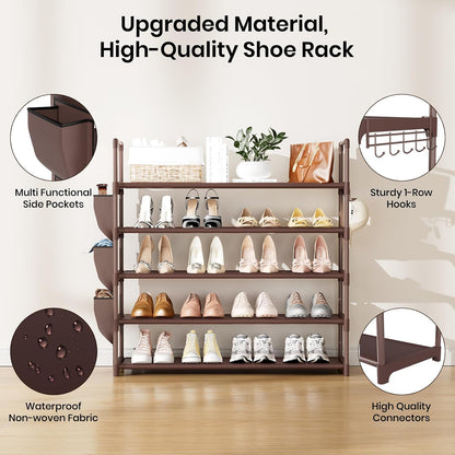 VILICK 5 Tier Shoe Rack with Hook and Side Pocket,Shoe Organizer Space Saver Storage for 20-25 Pair Shoe Storage Shelf Sturdy Free Standing Long Shoe Rack Organizer for Closet,Entryway,Small Spaces