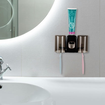 4 Slots Wall Mount Toothbrush Holder with Cover, Self Adhesive Toothbrush Storage Organizer for Shower, Toothbrush Hanger with 2 mouthwash Cups for Bathroom, Medicine Cabinet, Dorm (Black)