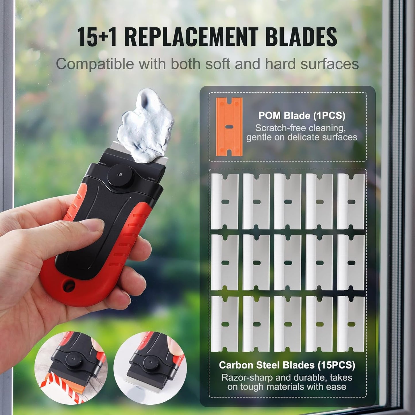 Happybuy Razor Blade Scraper, 15 Extra Blades, Locking Scraper Tool with Security Cap, Carbon Steel and POM Blades, for Cleaning Labels, Stickers, Decals, Paint from Glass Window Stovetop Cooktop Oven