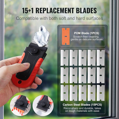 Happybuy Razor Blade Scraper, 15 Extra Blades, Locking Scraper Tool with Security Cap, Carbon Steel and POM Blades, for Cleaning Labels, Stickers, Decals, Paint from Glass Window Stovetop Cooktop Oven