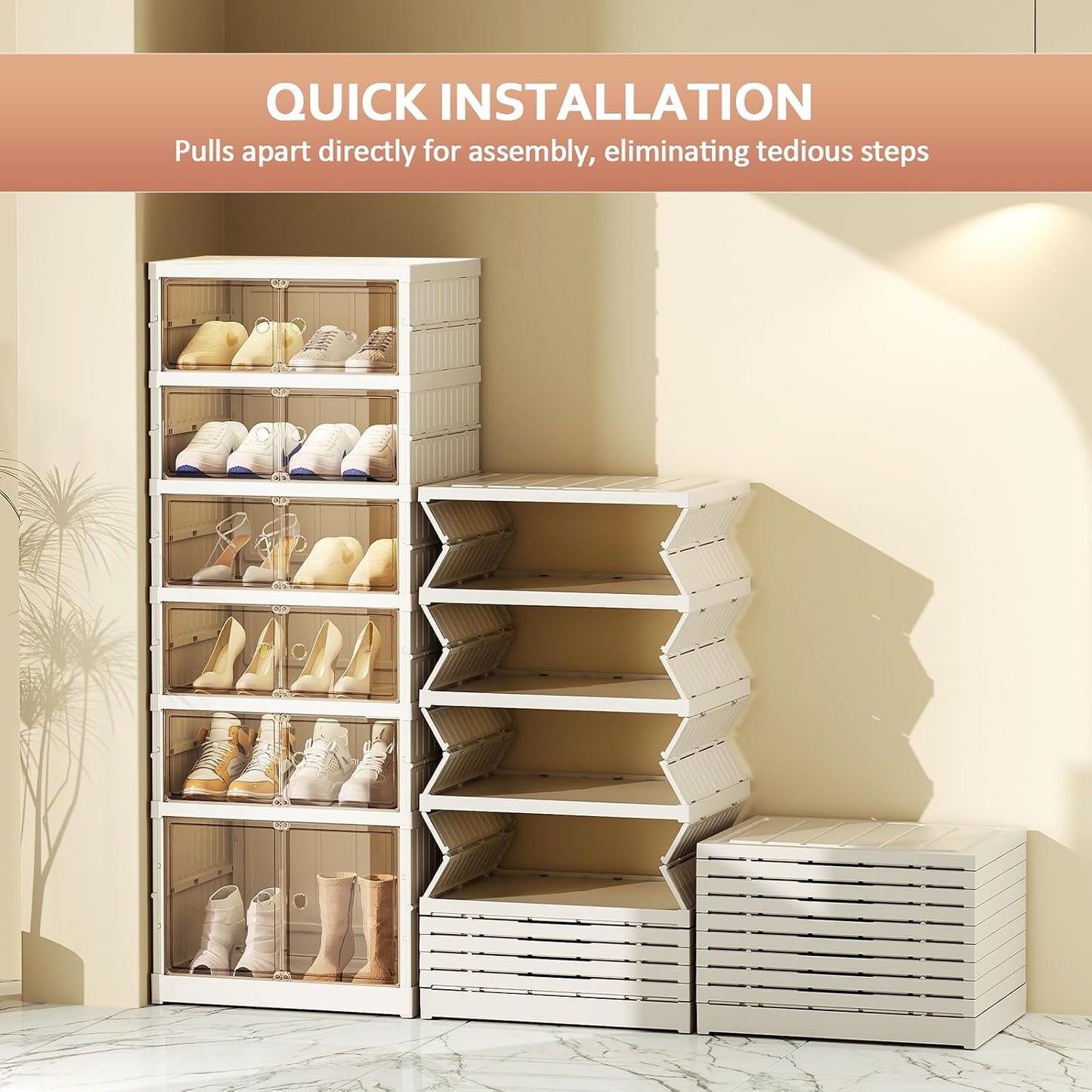 SYNCVIBE Shoe Rack Organizer for Closet Entryway Foldable Sneaker Storage Shoe, Collapsible Shoe Cabinet, Stackable Shoe Storage Cabinet with Lids for Living Room (6 Tiers 24 Pairs)