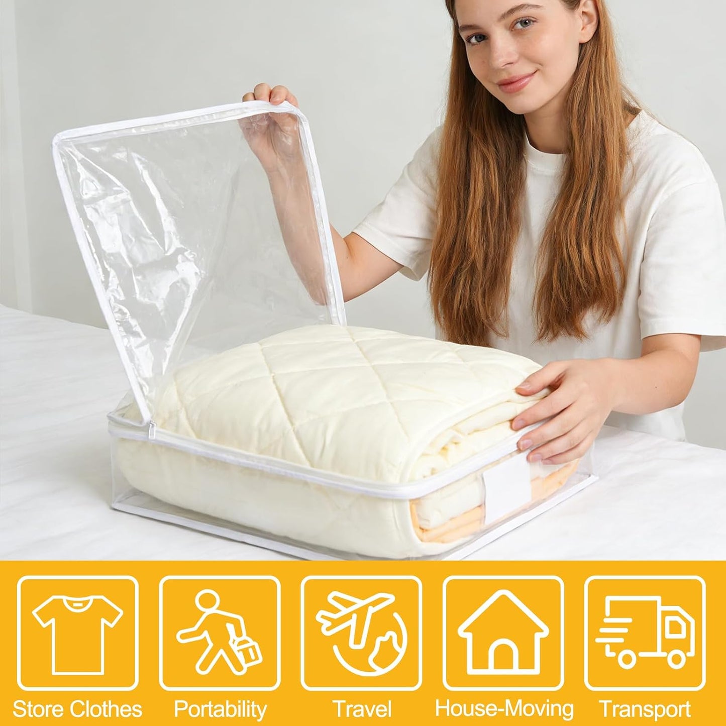 6 Pack Clear Zippered Plastic Storage Bags, Vinyl Sweater Bags with Zipper, Durable Clothing Organizer Protectors for Quilt, Blankets and Bedding, 15.3" x 13.8" x 3.9"